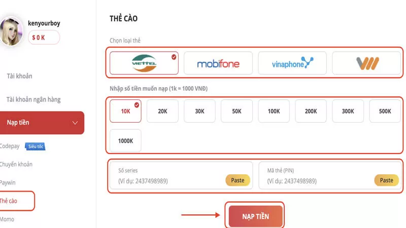 Nạp tiền bằng thẻ cào được ưa thích Nạp tiền bằng thẻ cào được ưa thích